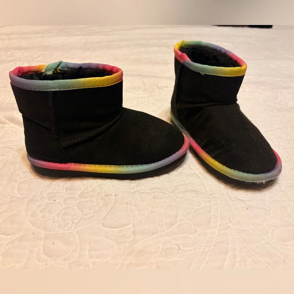 Girls Black Boots with Rainbow Trim